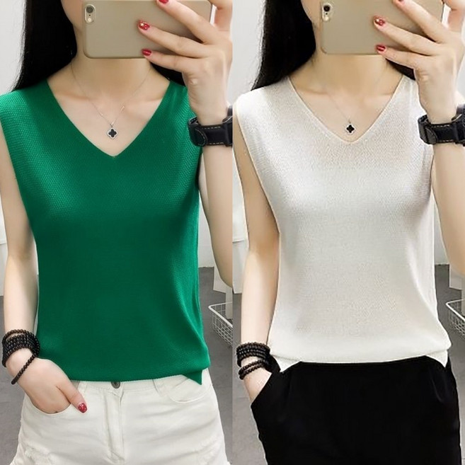 MOSAIRATION 여성 브이넥 루즈핏 아이스 실크 소재 민소매 캐주얼 나시 D01030327