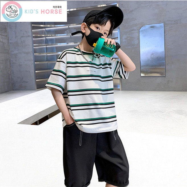 키즈목마 2025 여름 남아 크랙 스트라이프 반팔티 반바지 세트 주니어 라운드 반팔티상하의 세트 어린이 티셔츠 상하복 590