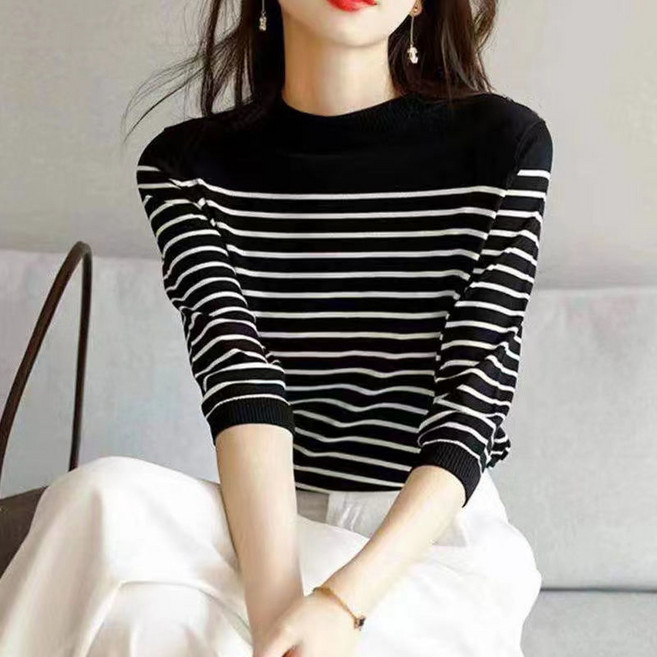 여성용 가을 라운드넥 루즈핏 아이스 줄무늬 니트 7부소매 티셔츠08sfag08LL