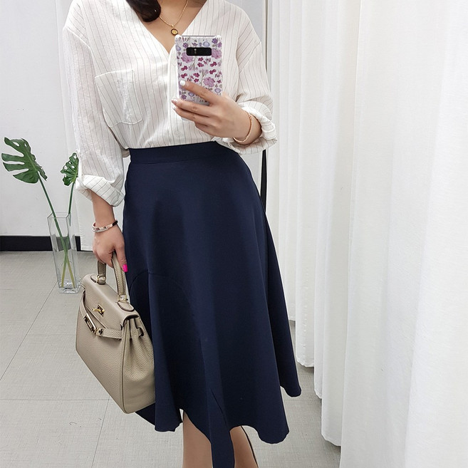 네모엔룩 절개플레어 여성용 A라인 허리 뒷밴딩 쪽절개 정장 훌치마 플레어 미디 롱 스커트
