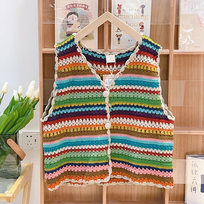 코바늘 조끼 핸드 메이드 모티브 여성용 레트로 뜨개질 무지개 컬러