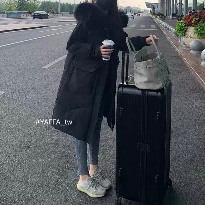 韓國毛領連帽過膝長版羽絨麵包外套