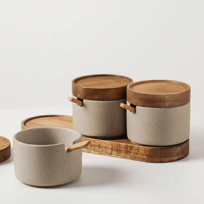 마이키친 전참시 업소용 프리미엄 밀폐 도자기 양념통 세트 조미료통, 양념통3개 + 트레이, 1세트