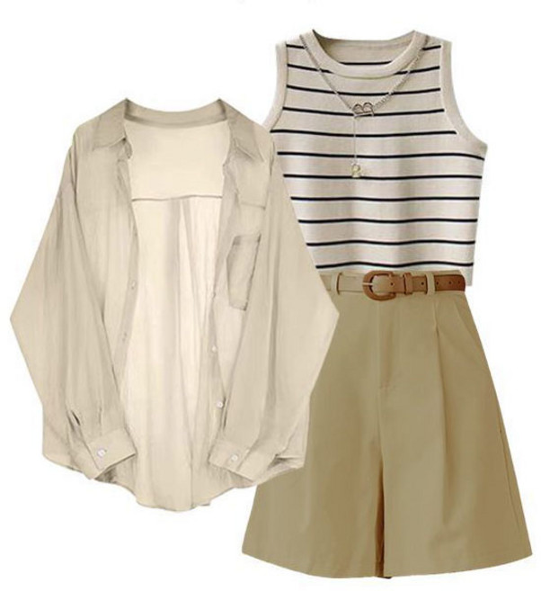 여성3종세트 여성세트 셔츠 + 나시 + 반바지 자외선차단 자켓 하이웨스트 와이드팬츠 AVBN2171 66