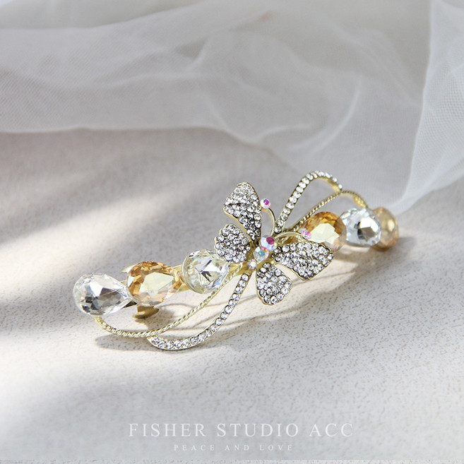 BEAGLE 復古氣質髮夾 合金鏤空水鑽珍珠橢圓彈簧夾