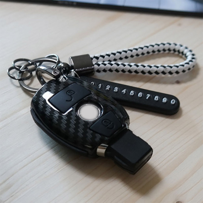 벤츠 프리미엄 카본 키케이스 GLA GLC GLE A클래스 E클래스 키홀더, 옵션01) 벤츠 2버튼 블랙, 위빙키링(레드)