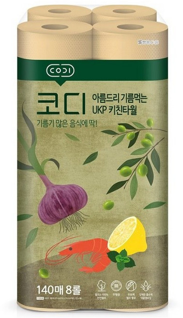 코디 아름드리 기름먹는 키친타올 140매, 8롤, 24개