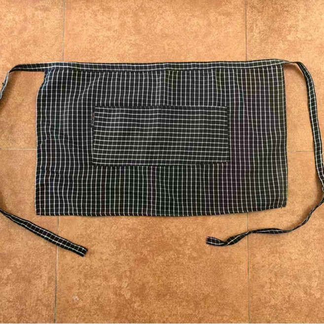 工作服服務員圍裙, 格子短半圍黑色 均碼, 1套