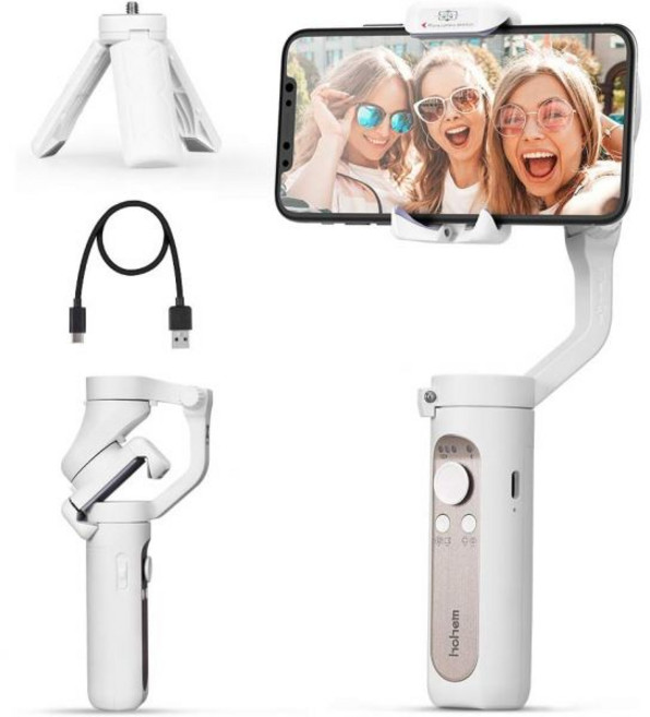 스마트폰용 짐벌 스태빌라이저 삼각대가 장착된 3축 휴대폰 안드로이드용 폴더블폰 및 아이폰 14 PRO MAX 600° 자동 회전으로 비디오 녹화를 위한 - hohem iStea, white
