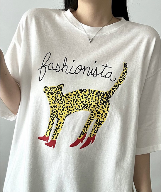 비토샵 여성용 레오파드 패셔니스타 프린팅 반팔티 루즈핏 빅사이즈