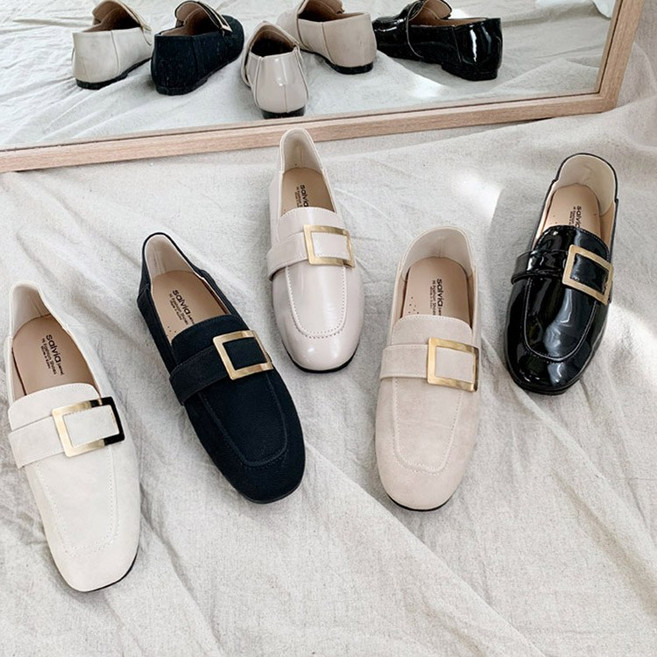 바이시유 스퀘어 여성로퍼 발편한 빅버클 단화 플랫 스니커즈 굽1cm