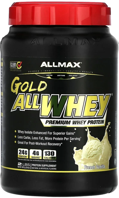 올맥스 AllWhey Gold 100% 유청단백질 + 프리미엄 분리 유청단백질 프렌치 바닐라 2 lbs. (907 g), 1개, 907g - 쿠팡