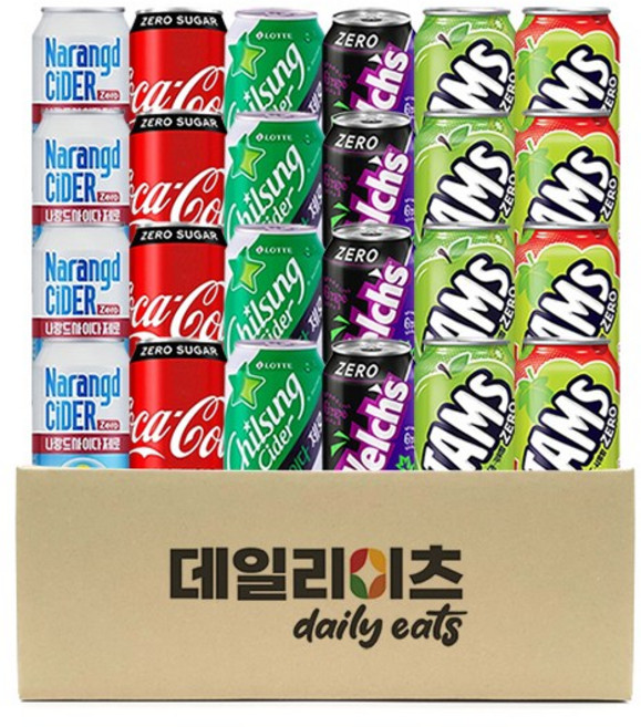 [데일리이츠] 뚱캔 6종 4개씩 24캔 D세트(코크제로 4 + 사이다제로 4 + 나랑드사이다제로 4 + 웰치포도제로 4 + 탐스제로 사과키위 4 + 탐스제로 청포도석류 4), 2세트, 355ml