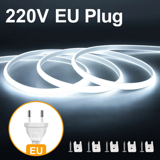 스트립 주방 COB FOB 220V 25M 30M 15M 20M 스위치 밝은 LED 네온 EU 불빛 슈퍼 플러그 35M 110V 리본 10M 테이프, White-220V, 7M, 1개