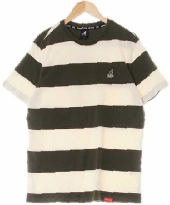 5187 KangoI 아이보리다크올리브 스트라이프 면 자수로고라운드반팔티 [M]