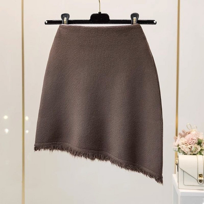 Makone 여성 하이웨스트 솔리드 언발스커트 패션 니트 a라인 프린지 무지 심플 미니 스커트