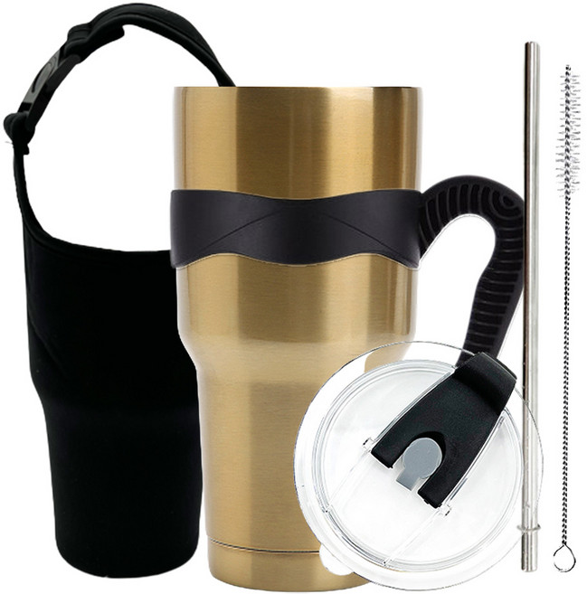 굿아이템 대용량 진공 스텐텀블러 + 밀폐뚜껑 + 손잡이 + 스테인레스빨대 + 세척솔 + 캐리어 풀세트, 골드, 0.9L, 1개