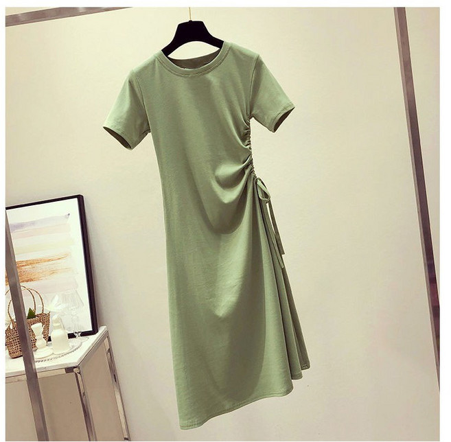 IFaith 法式抽繩連衣裙 圓領修身顯瘦洋裝 SK014, 綠,2XL