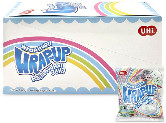 유하이 랩업 레인보우 롤젤리 세계 수입 추억 옛날 과자 스낵 츄잉 젤리, 60g, 10개