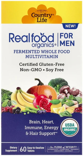 단백질 비타민 철분 마그내슘 칼슘 Country Life Realfood Organics 남성용 종합비타민 삼키기 쉬운 정제 60정 고루고루섭취해주세요, CountryLifeRealfoodOrganics남성용, 1개 - 쿠팡