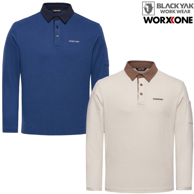 블랙야크 공용 워크웨어 웍스원 순면 간절기 소매 펜꽂이 카라 배색 긴팔 폴로 티셔츠