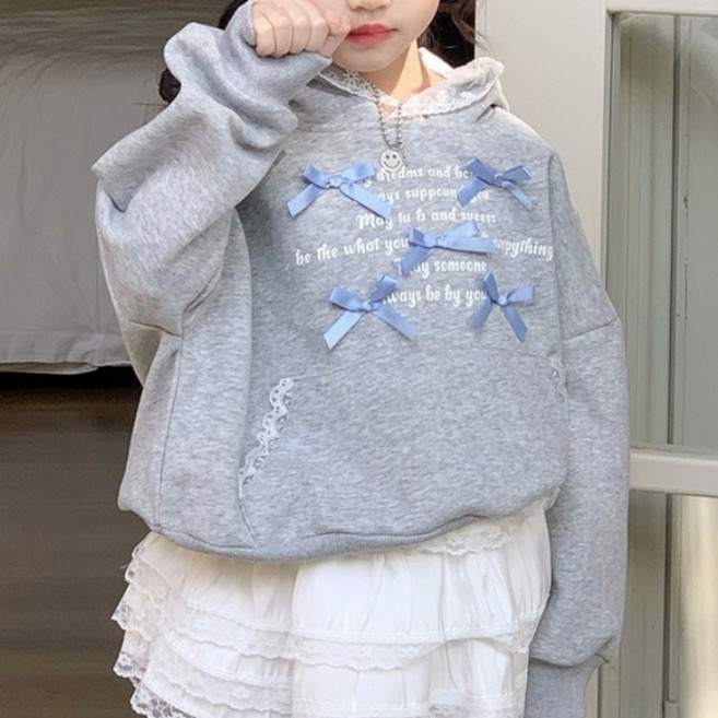 구빠방 아동 러블리 리본 레터링 레이스 후드 맨투맨