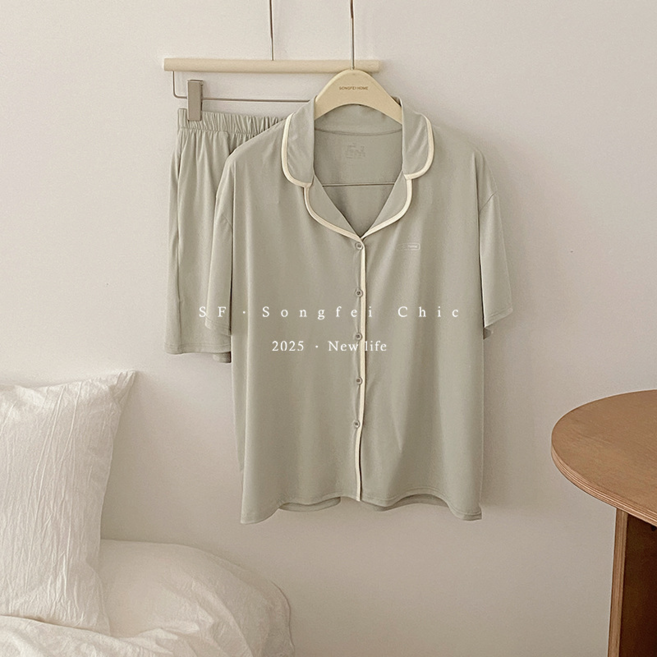 SONGFEI CHIC 女款撞色開衫涼感冰皮睡衣套裝