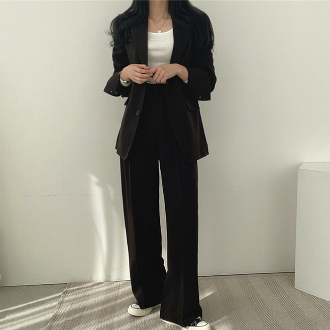 UPPERCUT 여성 싱글 버튼 자켓 핀턱 와이드 슬랙스 상하세트 정장 셋업 빅사이즈