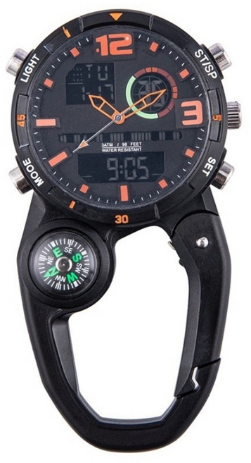 최신 고급 하이브리드 카라비너시계 아날로그 디지털 복합 시계 스포츠 등산시계 나침반 여행 밀리터리 군인시계 간호사시계 감독관시계 조깅시계 라이딩 하이테크 알람 타임워치, 1개, 오렌지