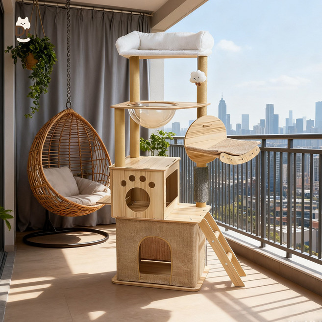 캣타워 캣트리 일체형 대형 목질 캣타워 공간을 차지하지 않음 우주 캡슐, Y33 밤색, 1개