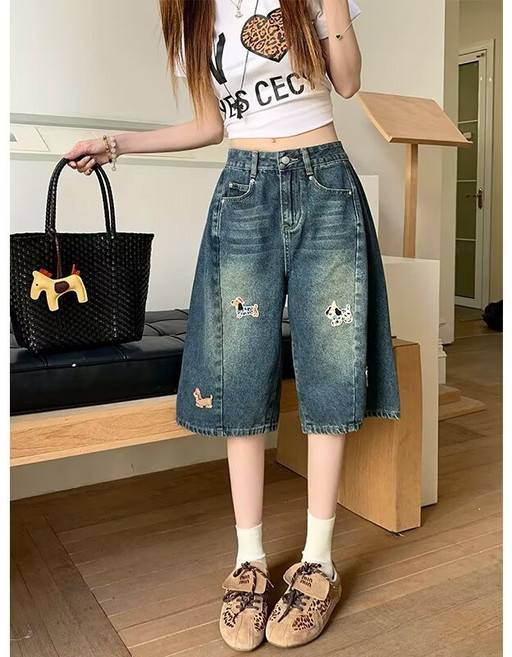 DIU 美式復古設計感刺繡五分牛仔短褲女夏季寬鬆闊腿小個子直筒褲