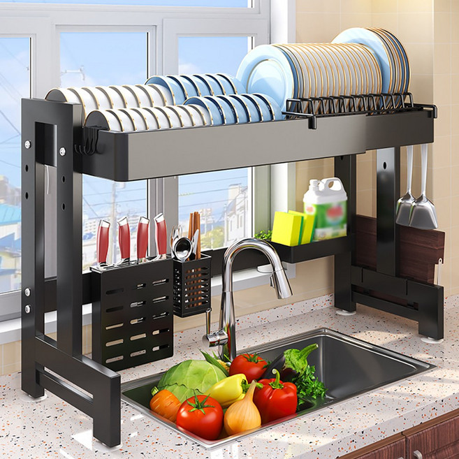 Mosashoe 식기건조대 싱크대 그릇 정리대 수저통 칼 꽂이 도마 수세미 거치대 세트, 블랙, 1개, 1단