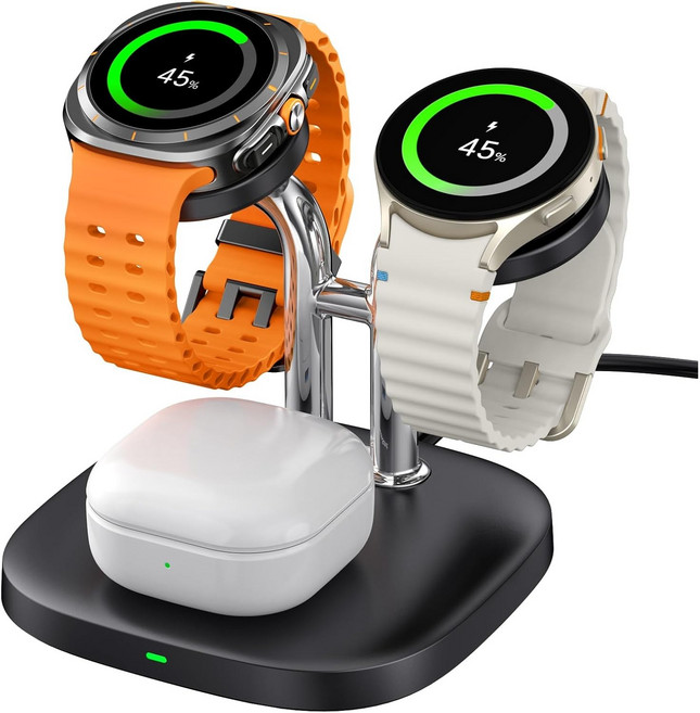 SwanScout 704S 갤럭시 워치 듀얼 충전기 2대 동시 충전 안정적인 거치형 이어폰 호환, 블랙, 1개