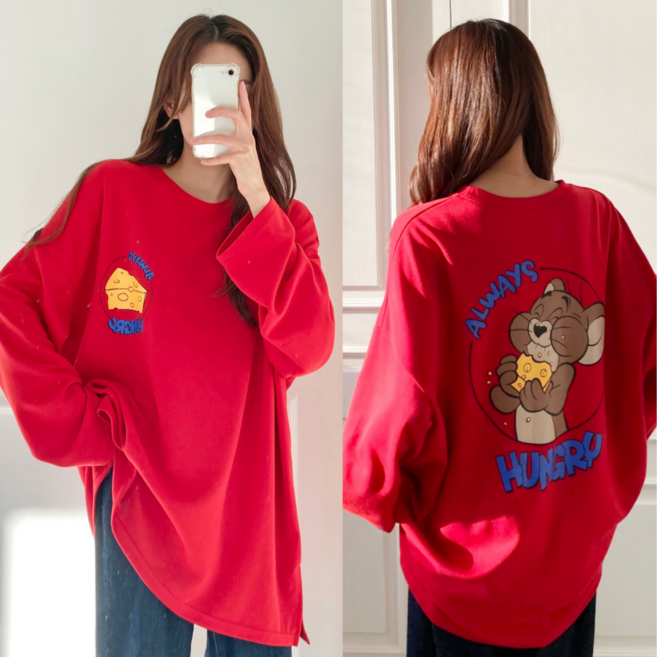 핏몬 빅사이즈 치즈 마우스 오버핏 롱 긴팔 티셔츠 캐릭터 박스티 [국내생산]