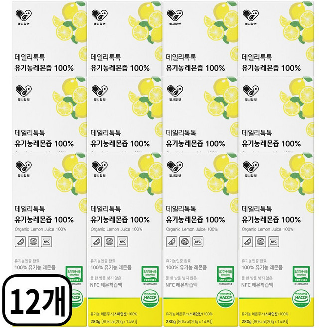 데일리톡톡 유기농 레몬즙 원액 100% NFC 착즙 레몬수 레몬원액 식약처 HACCP 인증, 12개, 280g