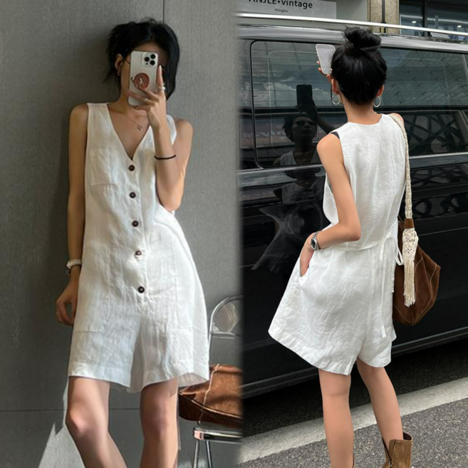 Asure 여자 민소매 점프수트 반바지 여름 브이넥 루즈핏 점프슈트