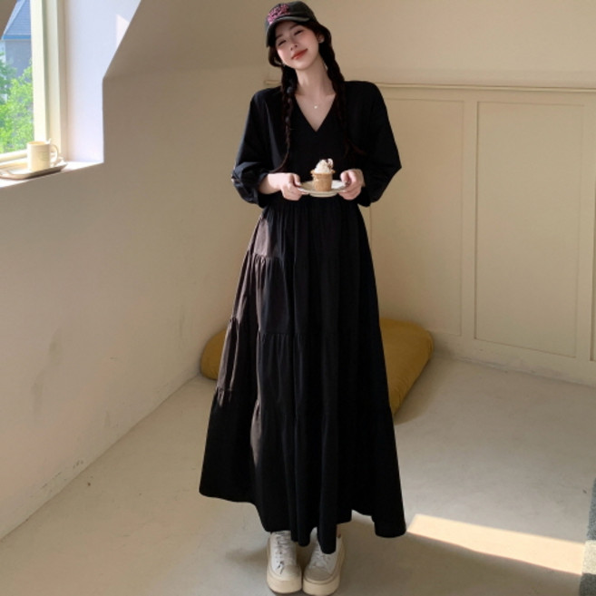 뉴욕멋쟁이 로맨틱 브이넥 퍼프 캉캉 롱원피스 (55~88사이즈까지)