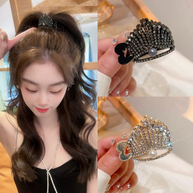 팬시온 왕관 하이 포니테일 큐빅 원형 집게핀 메탈 바렛 반묶음 삔