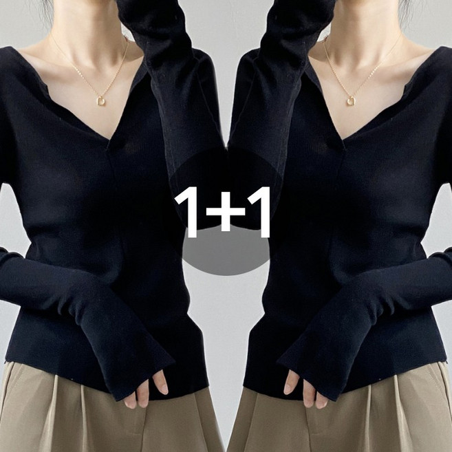 아이엠몽 여성 찰랑 여리핏 골지 브이넥 니트 티셔츠