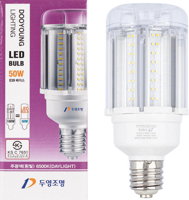 두영 LED 스틱램프 삼파장 전구 35W 50W E26 E39 보안등 파워램프 롱LED 공장등 소켓 주광색 콘벌브 KS, 50W E39 주광색 불투명, 1개
