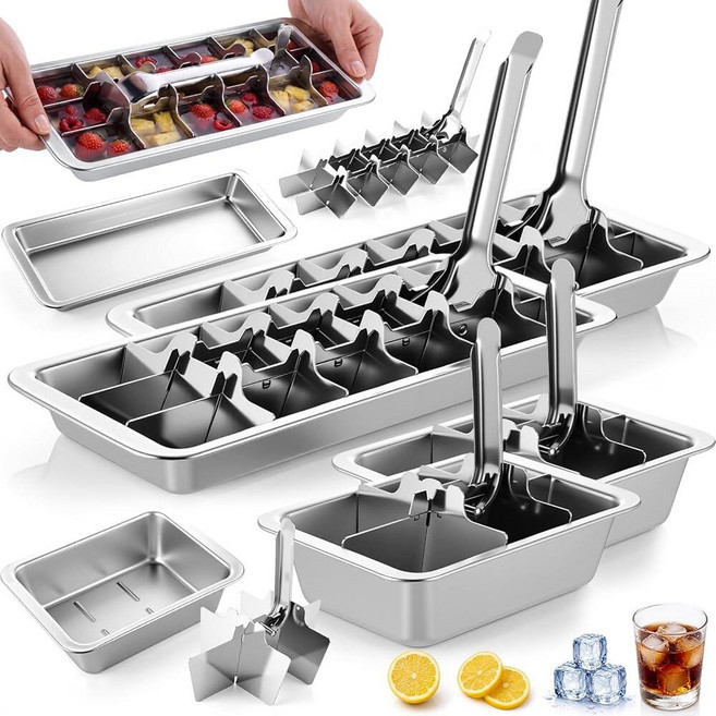 Didaey 4 Pack Stainless Steel Ice Cube Trays with Lever 18 Slot and 6 Metal Food Grade Freezer Mo