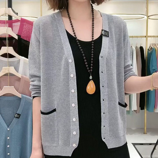 봄 중년 여자 가디건 빅사이즈 캐주얼 여름 여성 아이스 니트 가디건 중장년 엄마복 카디건 아우터 YSQ