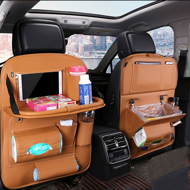 벤비아믹스 차량용 가죽 킥커버 멀티 테이블 수납 정리함 포켓 태블릿 거치 발자국 방지 00378, 1개, 연브라운
