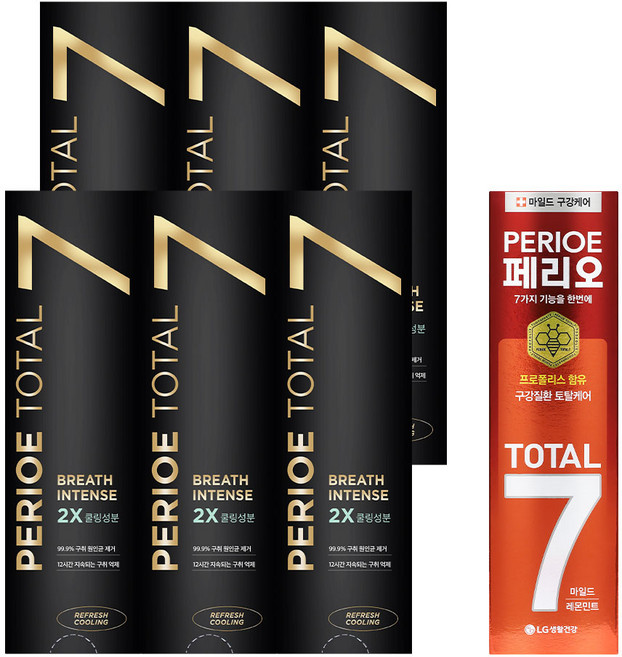 페리오 토탈7인텐스 120g (6개) 2종 택1 + 마일드 치약120g 1개, 리프레쉬쿨링
