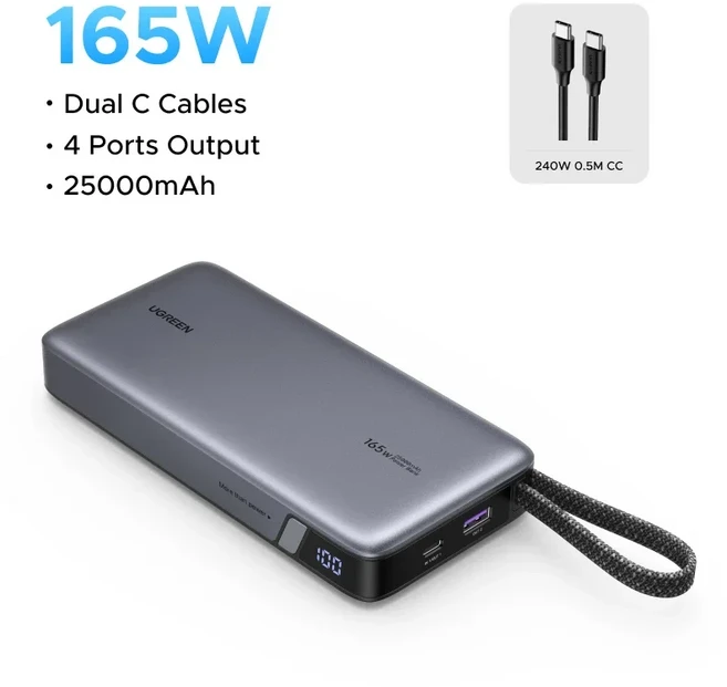 CCC UGREEN Nexode 165W 파워뱅크 25000mAh PD3.1 140W 최대 휴대용 충전기 듀얼 타입 C 케이블 외장 배터, 01 Grey