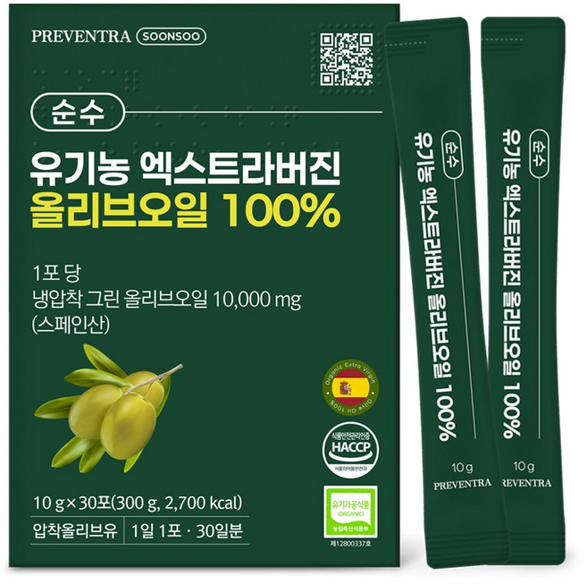 (핫딜/유통기한 27.07.01) 프리벤트라 순수 유기농 엑스트라버진 올리브오일 30포 / 스페인산 냉압착 그린 어린열매, 1개, 300g