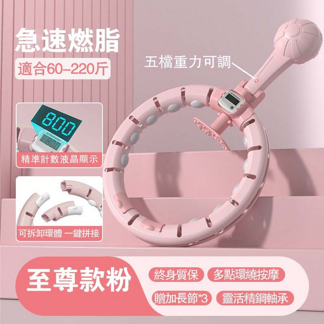 智能計數呼啦圈，5檔負重調節，室內健身器材, 至尊粉（智能計數 5檔調節 送暴汗帶）, 1個