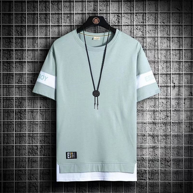 假兩件短袖T恤男【M-3XL】城市風貌流行短T 韓版日系運動健身短袖上衣