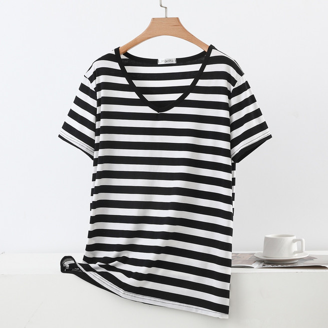여성 오버핏 브이넥 줄무늬 반팔 티셔츠 비스코스 스판 WXG-719