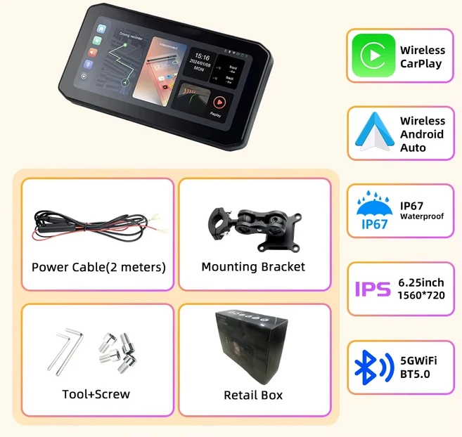 EKIY MTC17 6.25 오토바이 네비게이션 무선 CarPlay 디스플레이 화면 TPMS DVR 듀얼 BT 안드로이드 자동 모, 02 없음, 05 M17